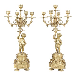 Italian Rococo Style Gilt Bronze Candelabra Candlestick Pair With Putti Cherubs For Sale