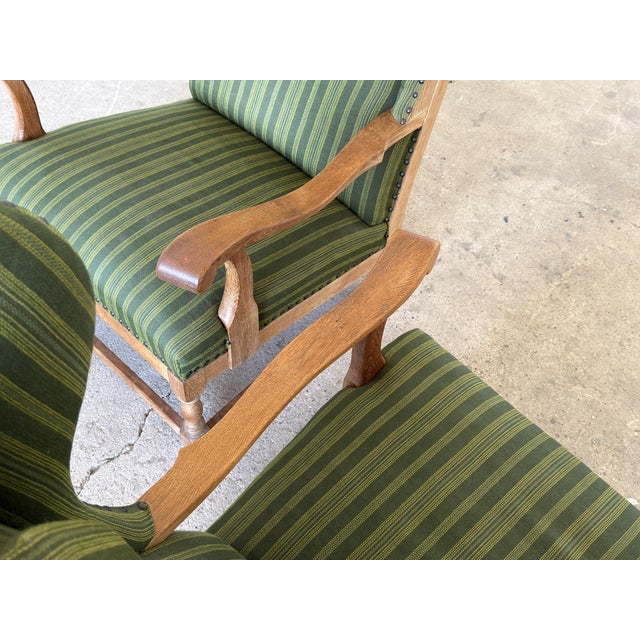 1940s Scandinavian Oak Wingback Lounge Chairs in Striped Wool, 1940s, Set of 2 For Sale - Image 5 of 13