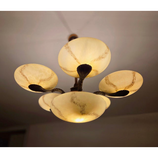 Brass 1930s 5-Arm Art Deco Chandelier Marbled Glass Shades Brass Accents, Antique European Lamp For Sale - Image 8 of 16
