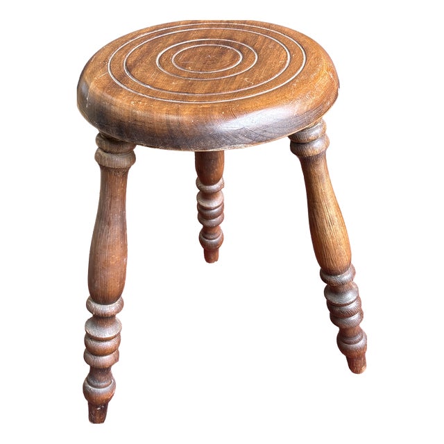 Antique Breton Stool in Turned Wood with Carved Seat, France For Sale