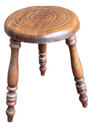 Antique Breton Stool in Turned Wood with Carved Seat, France