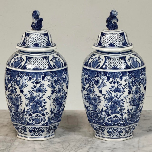 Ink Blue 19th Century Boch Hand-Painted Blue & White Delft Garniture Set For Sale - Image 8 of 18