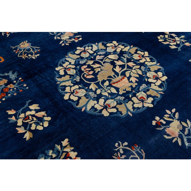 Antique Chinese Wool Rug – Blue Field, Floral Medallion, Early 20th Century For Sale - Image 9 of 11