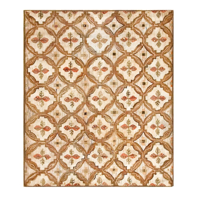 1890s Beige Floral Rustic Folk Art Antique American Hooked Rug 5'4" X 6'4" Handknotted Wool Carpet For Sale