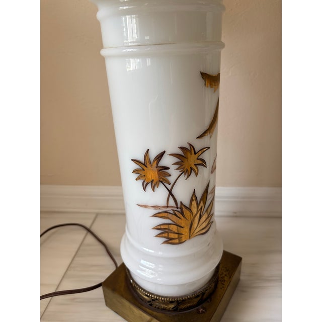 Mid 20th Century Hollywood Regency Midcentury Gold and White Hand Painted Opaline Palm Tree Table Lamps - a Pair For Sale - Image 9 of 11