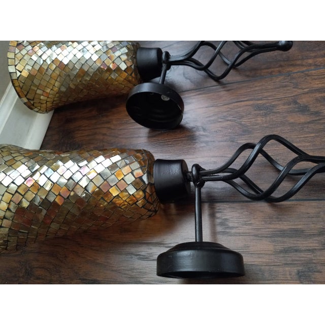 Vintage Metal and Amber Color Mosaic Glass Candle Wall Sconces- a Pair For Sale - Image 12 of 12