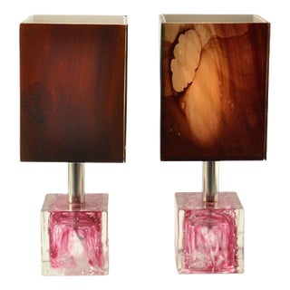 Cubic Table Lamps in Pink Glass from Poliarte, 1960, Set of 2 For Sale
