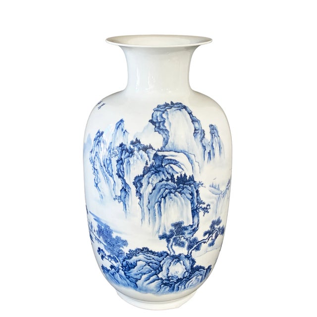 Ceramic Large Chinoiserie Blue and White Vase 24.75" H For Sale - Image 7 of 10