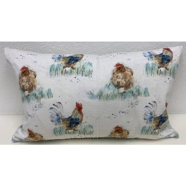 Large Bolster Pillow Decorated With a Yard Full of Water Color-Look Roosters & Hens/Chickens - Made in Uk. For Sale - Image 11 of 11