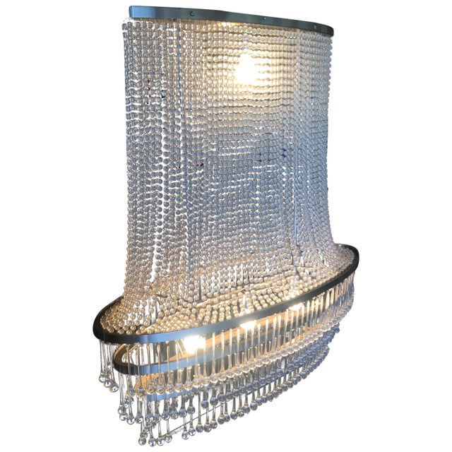 1990s Mid-Century Modern Glass Bead and drops Chandelier Large Satin Nickel Frame For Sale In Los Angeles - Image 6 of 18