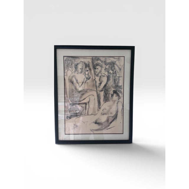 Mid-Century Modern Mid-Century Modern Monochromatic Figurative Watercolor of Reclining Nudes For Sale - Image 3 of 10