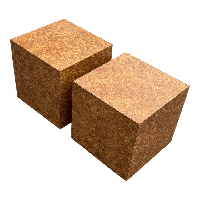 1970s Pair of Post-Modern Burled Cube Tables Styled After Milo Baughman For Sale