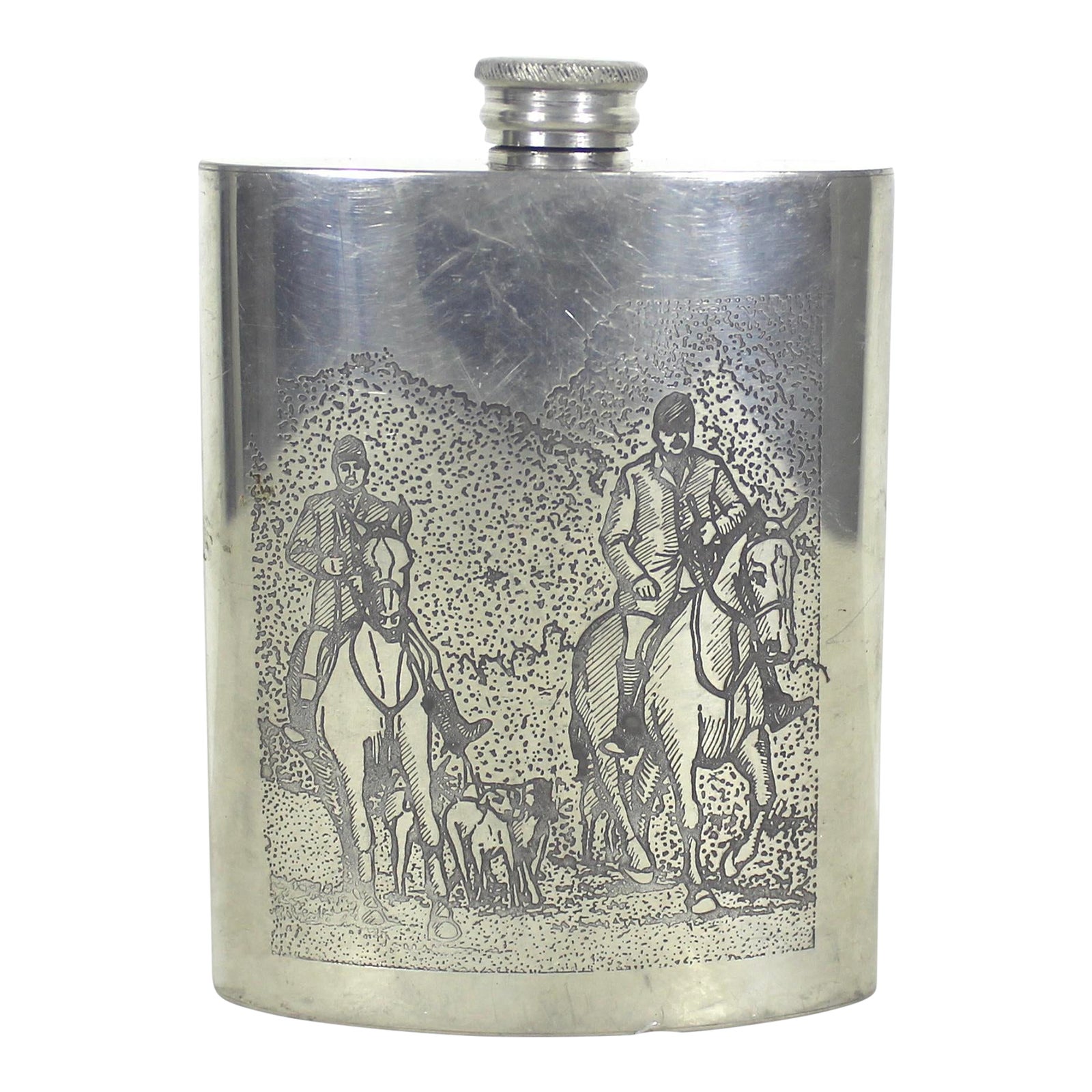 Vintage Pewter Hip Flask With Horses and Hounds, Made in England | Chairish