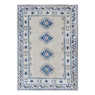 Cream and Blue Geometric Medallion Design Vintage Turkish Oushak Rug For Sale
