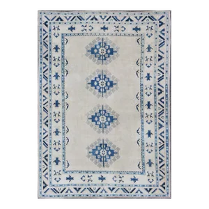 Cream and Blue Geometric Medallion Design Vintage Turkish Oushak Rug