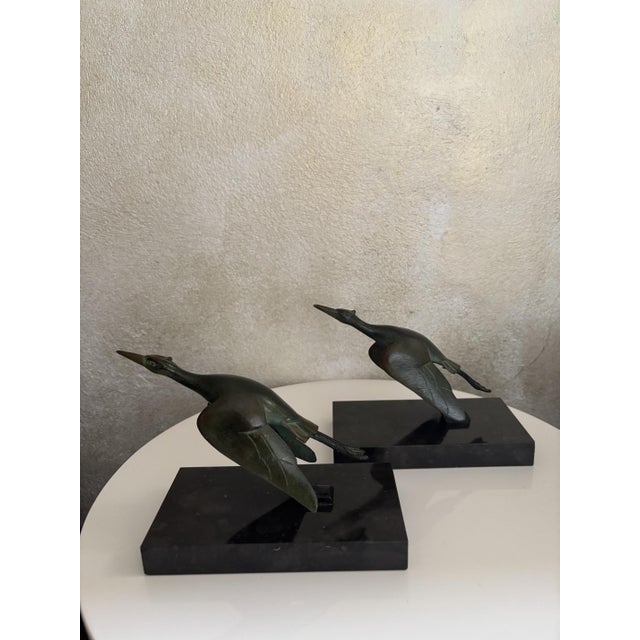 Art Deco Bronze Crane Bookends with Marble Bases by H. Garreau Auxerre Label, France, 1930s, Set of 2 For Sale - Image 11 of 11