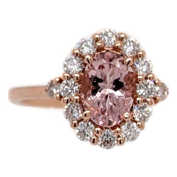 Pink Morganite Ring With Natural Diamond Halo: Solid 14k Gold, Oval 7x5mm, Size 6.75 For Sale