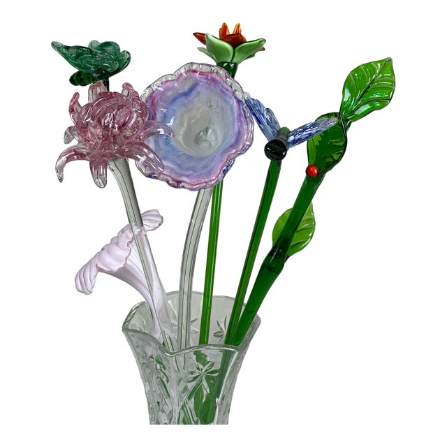 Vintage Bouquet Murano Art Glass Long Stem Flowers and Butterflies For Sale