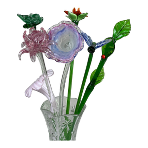 Vintage Bouquet Murano Art Glass Long Stem Flowers and Butterflies