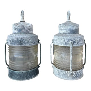 1960s Cast Aluminum and Glass Anchor Lantern Wall Sconces, a Pair For Sale