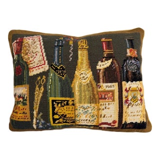 Chelsea Textiles Wine Bottle Needlepoint Pillow – 100% Wool, Down Insert, English Estate Style For Sale
