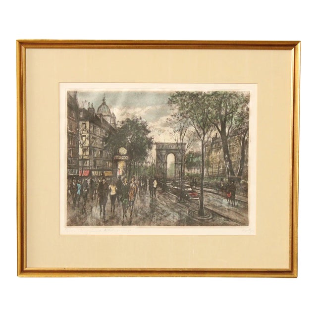 Vintage 20th Century 'Paris' Street Scene Colored Etching, Custom Framed For Sale