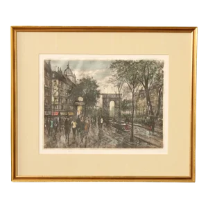Vintage 20th Century 'Paris' Street Scene Colored Etching, Custom Framed