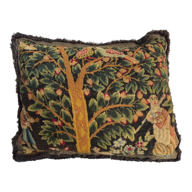Early 17th Century English Needlepoint Pillow With Figural Garden Tree Scene For Sale