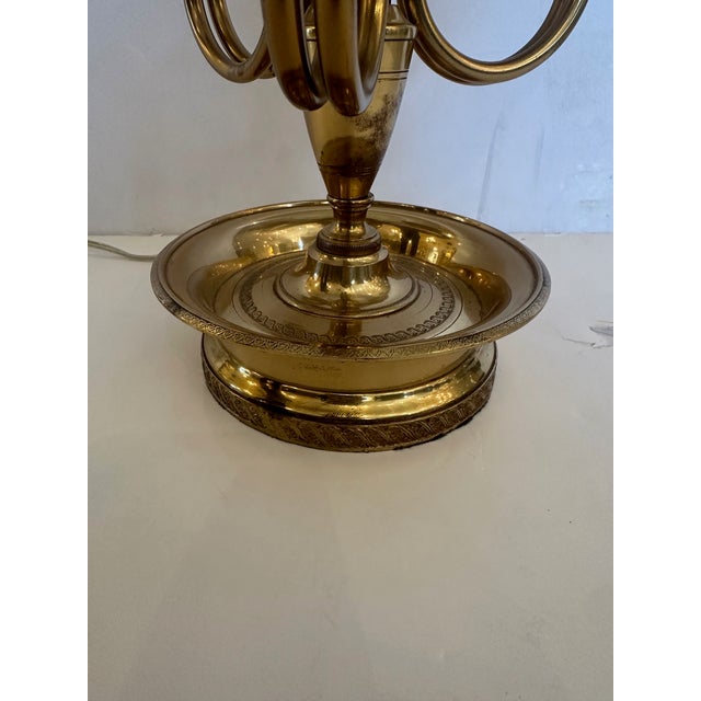 Classic and elegant 3 Candle Brass Bouillotte lamp by Warren Kessler NY 26” H to finial Base 6” Circumference Shade. 16”...
