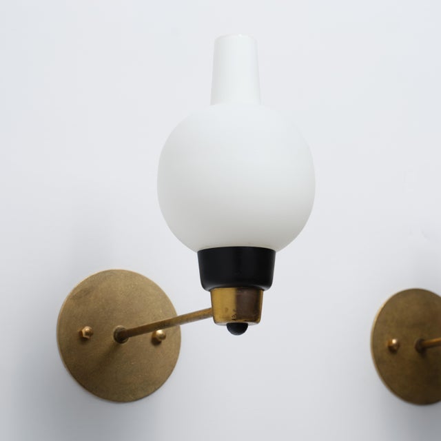 Mid-Century Modern Vintage Italian Sconces in Brass and Opaline Glass, 1950s, Set of 2 For Sale - Image 3 of 12