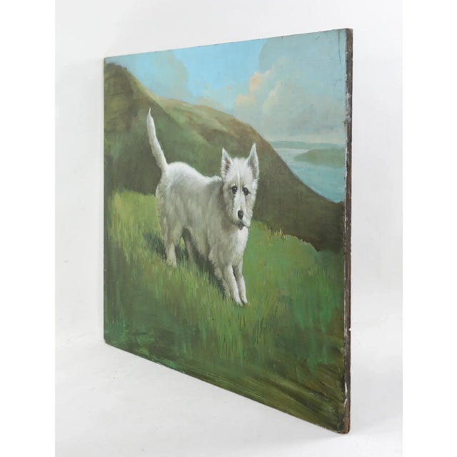 This charming vintage oil painting on wood panel captures the spirited character of a West Highland White Terrier (Westie)...