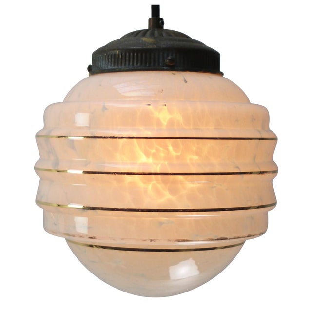 French art deco “clichy” blue coloured, gold striped, glass pendant lamp 1920s brass glass holder 2 meter black cotton...