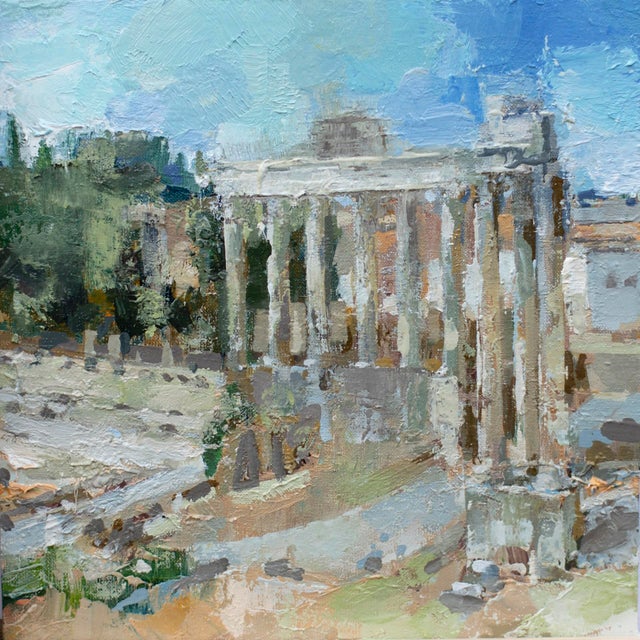 This oil on board painting captures the iconic ruins of the Forum Romanum, portraying the ancient architecture with a...