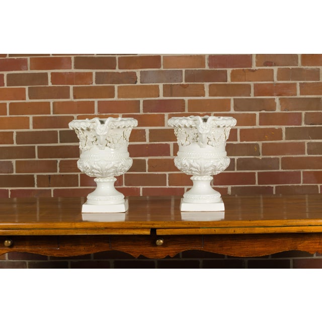 Pair of Blanc de Chine Midcentury Urns with Rams Heads and Ivy Leaves For Sale - Image 9 of 12