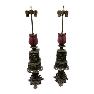 Pair of 1920s Bronze Table Lamps For Sale