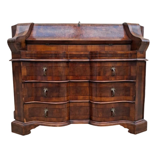 Antique Baroque Revival Walnut Secretaire with Curved Drawers and Fall-Front Desk For Sale