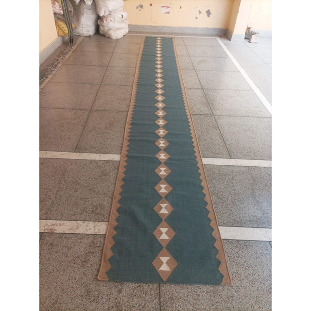 Handmade New Zealand Wool Dhurrie Runner, Turquoise Blue, Cream and Beige Diamond Runner Rug - 3'x20' For Sale - Image 12 of 15