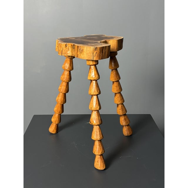 Mid-Century Brutalist French Artisanal Handmade Wood Turned Tripod Stool, 1960s For Sale - Image 17 of 17