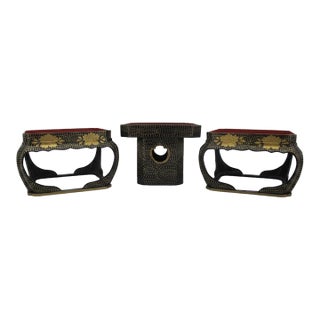 Japanese Hina Doll Black & Gold Floral Lacquer Display Stand Set For Sale
