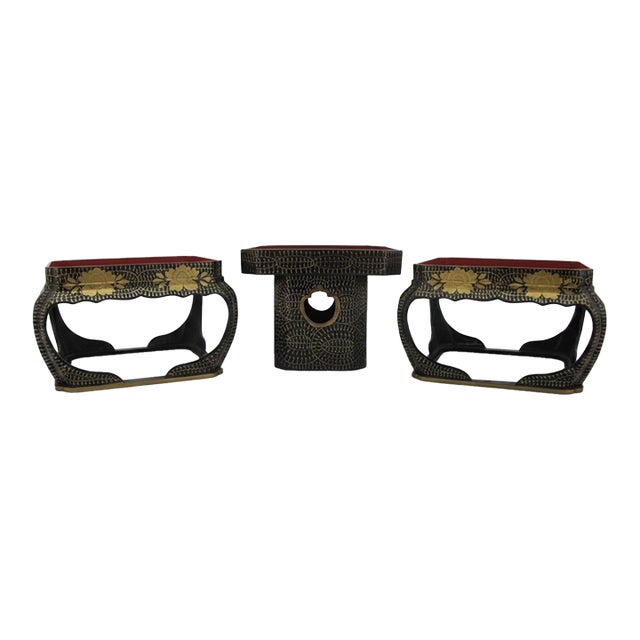 Japanese Hina Doll Black & Gold Floral Lacquer Display Stand Set For Sale