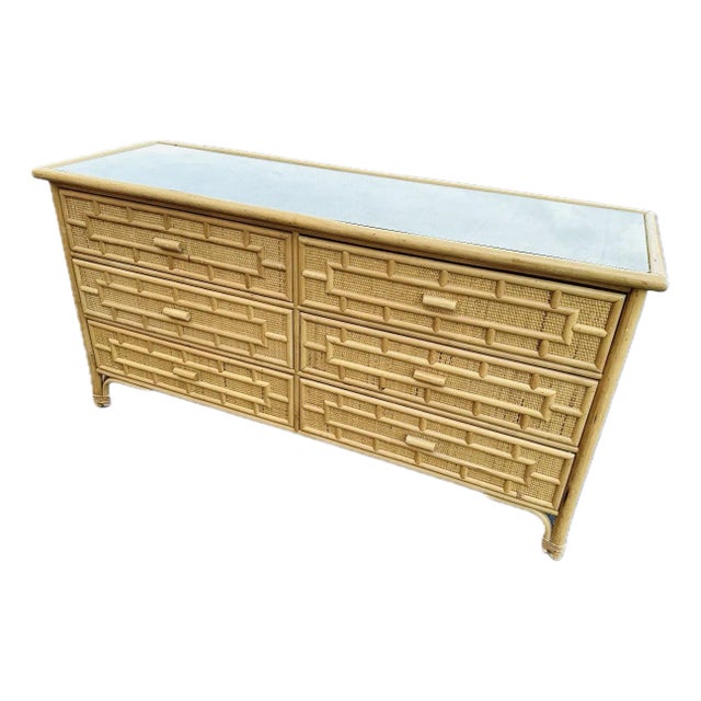 Vintage Organic Modern Restored Woven Rattan Sideboard,Credenza,Console,Dresser With Bamboo Trim Accents For Sale