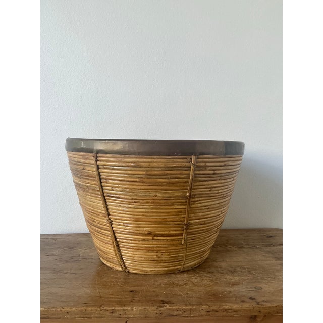 Vintage Boho Monumental Brass Rimmed Pencil Reed Bowl For Sale - Image 10 of 12
