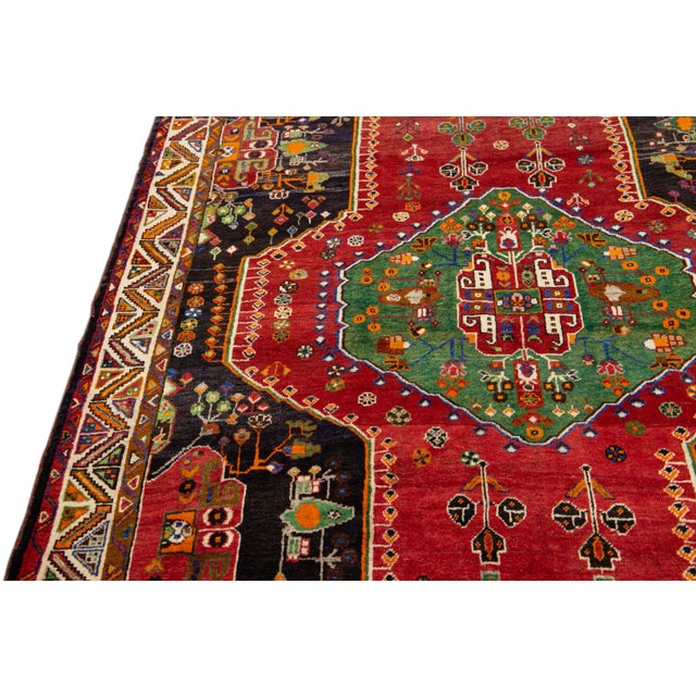 Red and Green Vintage Shiraz Handmade Geometric Designed Wool Rug For Sale - Image 9 of 10