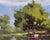 A serene landscape unfolds, featuring a small red boat gently anchored amidst lush greenery and tranquil waters. The...