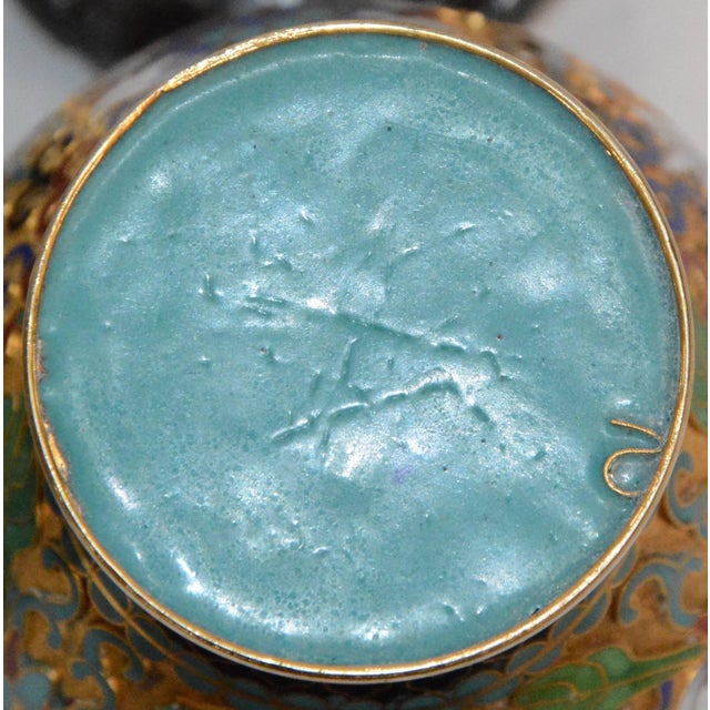 Wood Pair of Chinese Cloisonne Vases on Lacquered Wooden Stands For Sale - Image 7 of 9