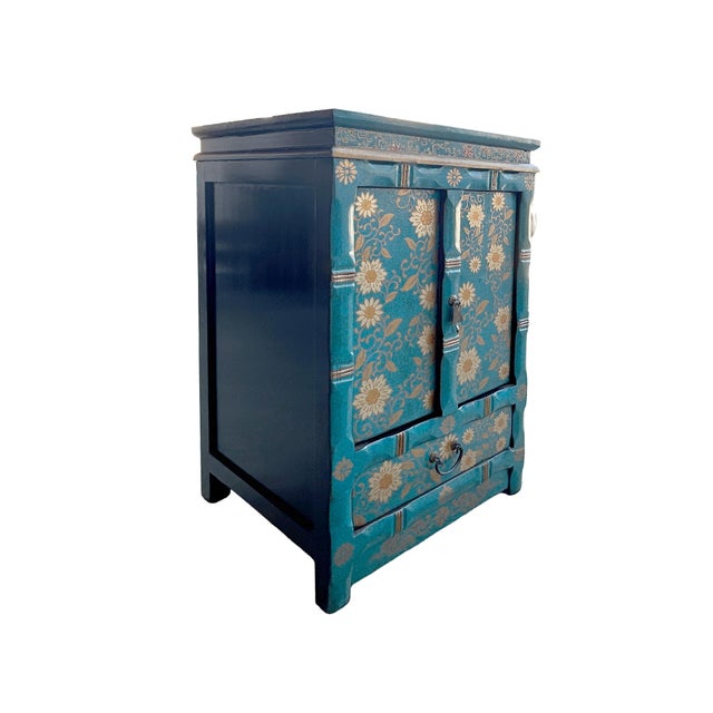 Distressed Teal Green Golden Floral Graphic Side End Table Nightstand For Sale In San Francisco - Image 6 of 11