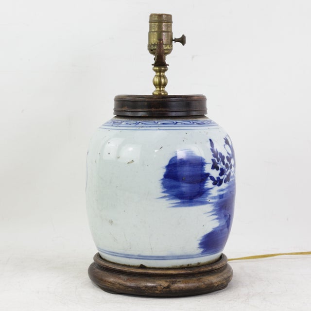 Chinese Blue and White Antique Porcelain Vase Lamp With Cobalt Floral Motif on Wood Base For Sale - Image 3 of 16
