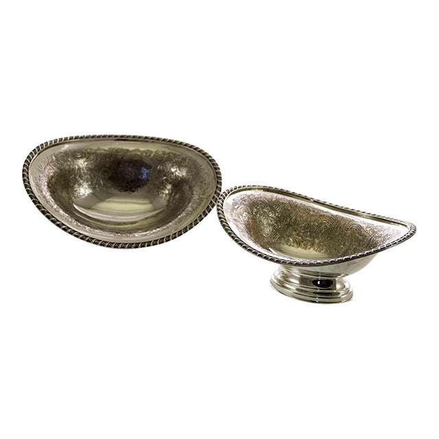 1970s New Silver Oval Sweet Dishes Embossed, Gadroon Mount- 2 Pieces by Barker Ellis for I. Freeman & Sons For Sale