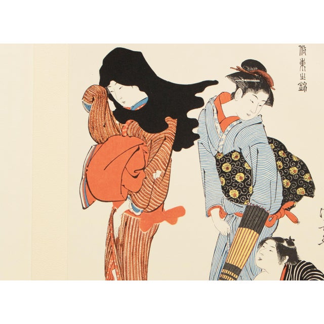 1964 After Kiyonaga "Genre Scenes of the Brocades of the East - the Entangled Kite String", Full-Color Print From Japan For Sale In Dallas - Image 6 of 12