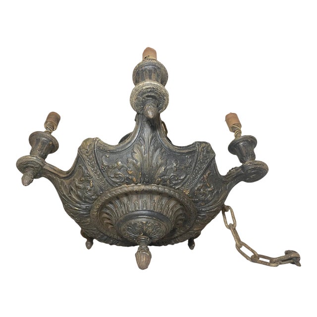 Antique Ornate Neoclassical Heavy Cast Iron 5 Arm Hanging Fixture Chandelier For Sale